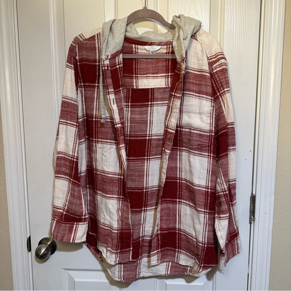 Time and Tru Red Plaid Hooded Shirt